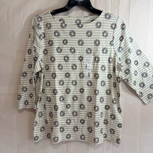Croft & Barrow Cream Striped Floral Wreath Long Sleeve T-Shirt Top XXL